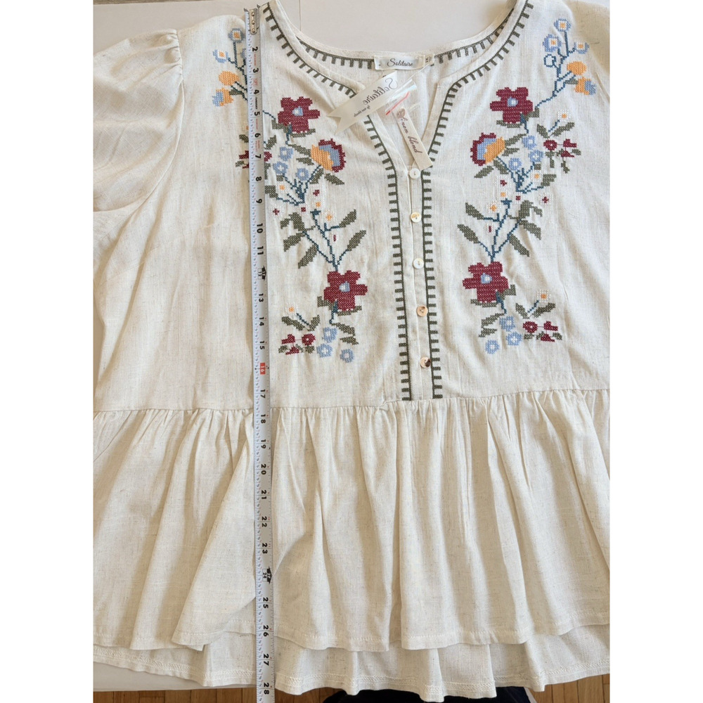 Solitaire Linen Blend Floral Embroidered Popover Peplum Blouse Puff Sleeve 2X - Picture 12 of 15